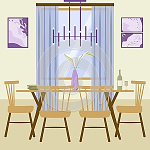 Mid century style dining room interior in brown and purple with dining table and chairs