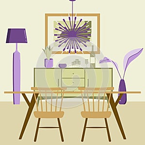Mid century style dining room interior in green and purple with buffet sideboard