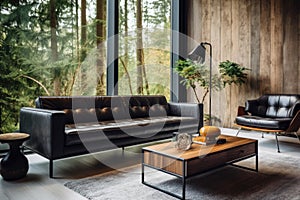 Mid-century style home interior design of modern living room. Accent coffee table near black tufted sofa against windows