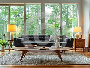 Mid century style home interior design of modern living room. Coffee table near a black sofa with cushions against the windows