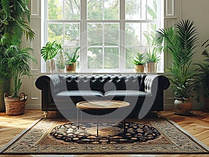 Mid century style home interior design of modern living room. Coffee table near a black sofa with cushions against the windows
