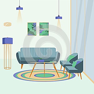 Mid century style living room interior design in violet and green with blue sofa, armchairs and window,