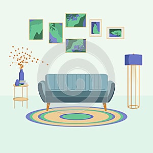 Mid century style living room interior design in violet and green with blue sofa, floor lamp, wall art set and side table
