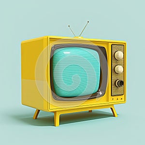Mid century vintage yellow tv on green background. Retro television. AI