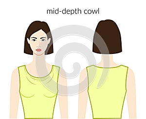 Mid - depth cowl neckline clothes character beautiful lady in yellow top, shirt, dress technical fashion illustration