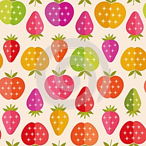 Colorful mid century geometric apples and strawberries seamless pattern in red, green, pink and orange with atomic starbursts