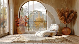 a mid-modern light room with a captivating photograph showcasing an arched full-length mirror, reflecting the chic
