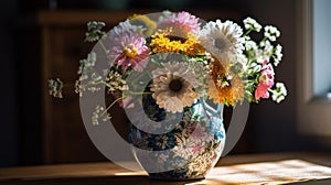 Mid-Morning Blooms on Wooden Table