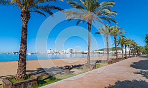 Mid morning sun on the city. Warm sunny day along the beach in Ibiza, St Antoni de Portmany Balearic Islands, Spain