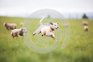 mid-run action shot of dog chasing sheep