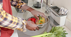Mid section of biracial man rinsing vegetables in kitchen, slow motion