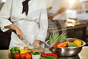 Mid section of chef cutting vegetables