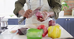 Mid section of man wearing apron skinning onions in the kitchen at home