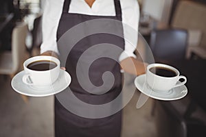 Mid section of waitress holding black coffee