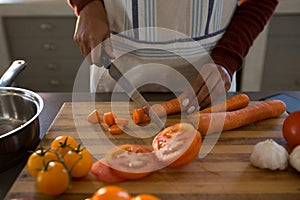 Mid section of woman cutting carrot at counter