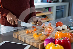 Mid section of woman cutting vegetables