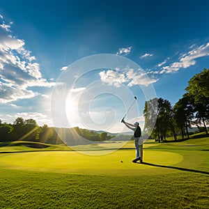 A Mid-Swing Golfer Silhouette Against a Vibrant Green Golf Course Under a Clear Blue Sky