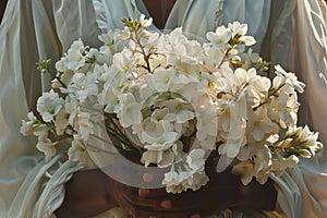 Mid view of bride holding a large bouquet of simple white flowers