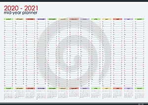 2020 - 2021 mid year wall planner. Academic year. Perfect for home schooling plan, schedule.