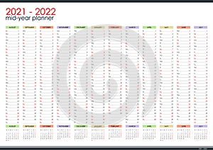 2021 - 2022 mid year wall planner. Academic year. Perfect for home schooling plan, schedule.