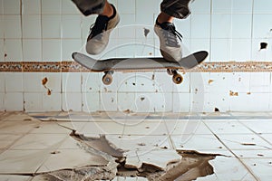 midaction shot of kickflip over a floor crack with chipped tiles photo