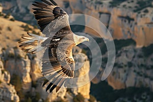 midair eagle with clear view of eye detail, high cliffs in the distance