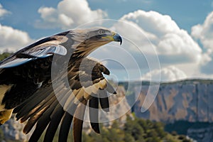 midair eagle with clear view of eye detail, high cliffs in the distance