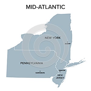 Mid-Atlantic states in the Northeast region of USA, gray political map photo