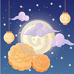 midautumn festival, moon, Chinese lantern, starry sky and mooncake photo