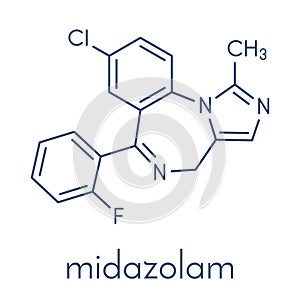 Midazolam benzodiazepine drug molecule. Has sedative, anxiolytic, amnestic, hypnotic, anticonvulsant, etc properties. Skeletal. photo