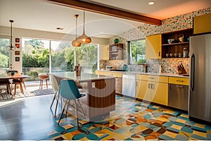 Midcentury Modern Kitchen With Colorful Accent Tiles And Retro Appliances Midcentury Modern Interior Design. Generative AI