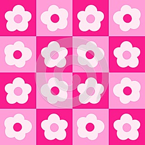 Retro 70s flowers checker neon pink Vector pattern