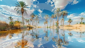 Midday desert mirage presents palm trees and water, an enticing but surreal visual phenomenon