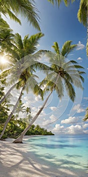 Midday photo of a vivid blue sky, sun casting golden reflections on undulating ocean waves, palm trees swaying in the breeze