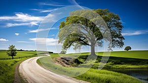 Midday Serenity: A Rural Road to the Majestic Old Tree in a Green Field