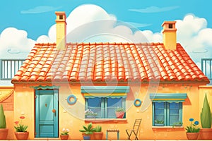 midday sun on a house with clay tile roof, magazine style illustration