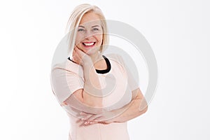 Middle age business woman posing over white background copy space, Portrait of attractive young middle age woman smiling against