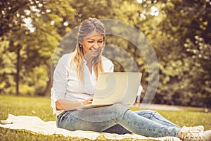 Middle age business women at public park.