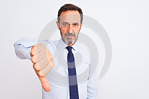 Middle age businessman wearing elegant tie standing over isolated white background looking unhappy and angry showing rejection and