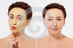 Middle age closeup woman face before after beauty mask treatment. Before-after wrinkled skin. Summer anti aging collagen mask on