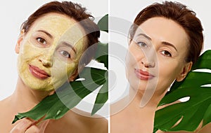 Middle age closeup woman face before after beauty mask treatment. Before-after wrinkled skin. Summer anti aging collagen mask on