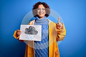 Middle age curly hair woman wearing rain coat holding banner with cloud over blue background surprised with an idea or question