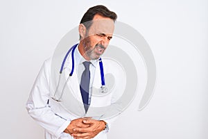 Middle age doctor man wearing coat and stethoscope standing over isolated white background with hand on stomach because nausea,