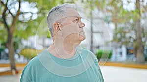 Middle age grey-haired man looking to the side with serious expression at park