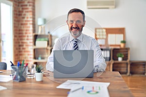 Middle age handsome businessman wearing tie sitting using laptop at the office with a happy and cool smile on face