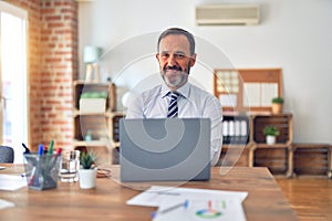 Middle age handsome businessman wearing tie sitting using laptop at the office happy face smiling with crossed arms looking at the