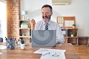 Middle age handsome businessman wearing tie sitting using laptop at the office smiling with happy face looking and pointing to the