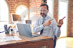 Middle age handsome businessman wearing tie sitting using laptop at the office smiling and looking at the camera pointing with two