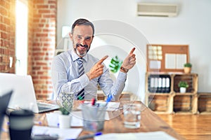 Middle age handsome businessman wearing tie sitting using laptop at the office smiling and looking at the camera pointing with two