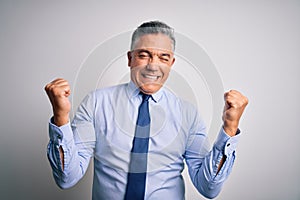 Middle age handsome grey-haired business man wearing elegant shirt and tie very happy and excited doing winner gesture with arms